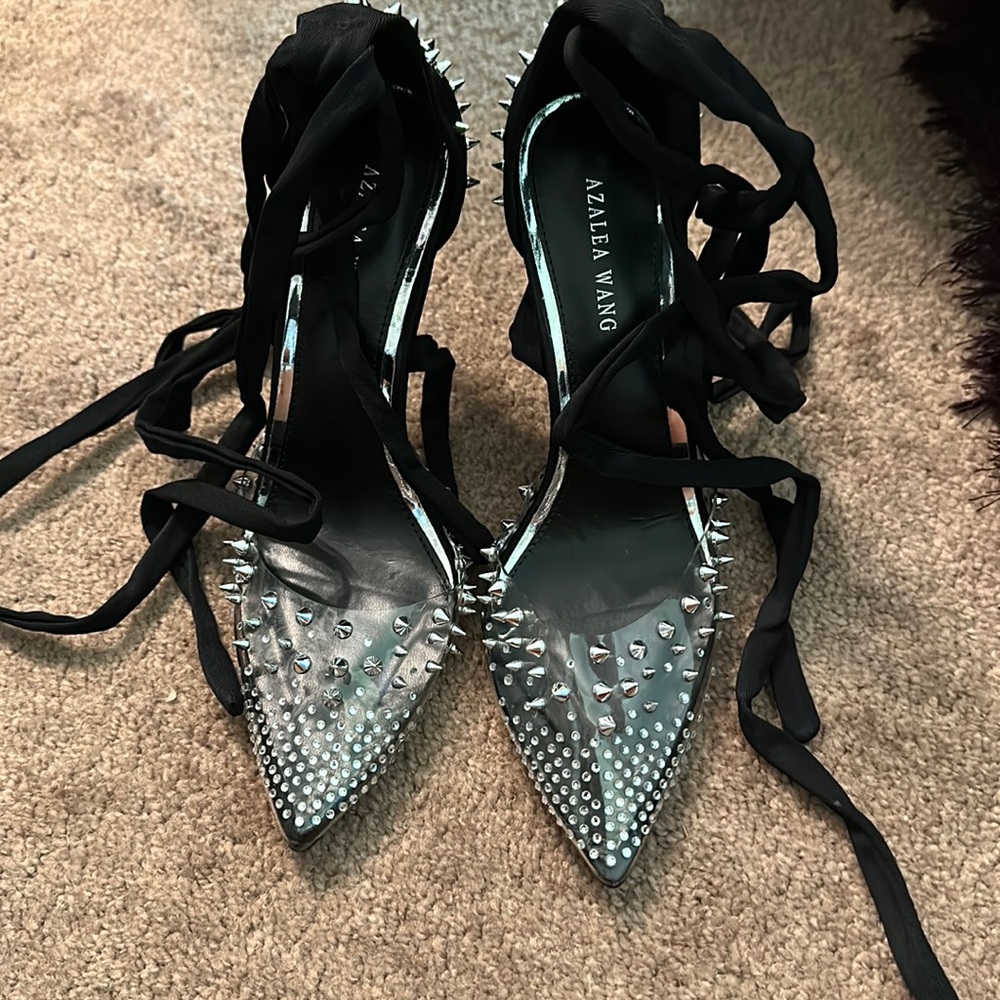 Azalea Wang black and silver studded strappy pumps